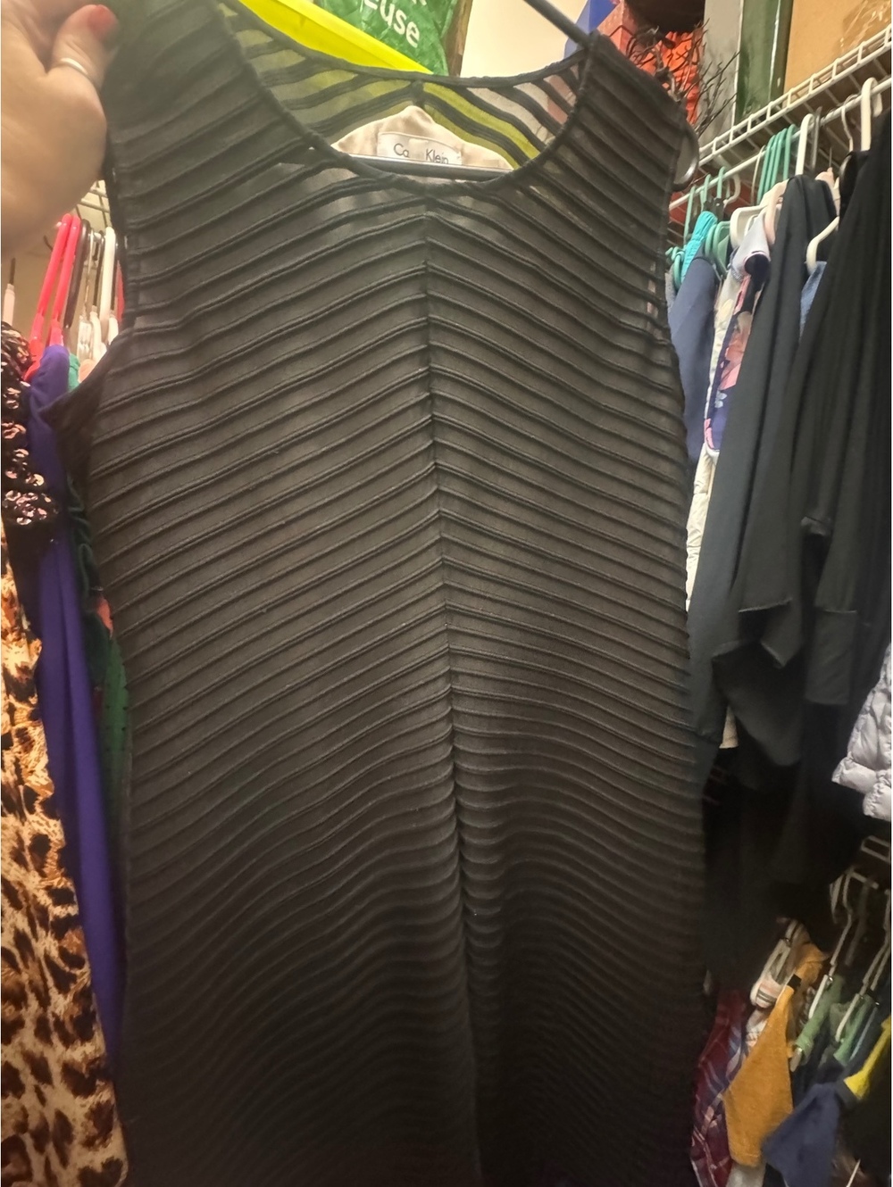 Calvin Klein Black Chevron Pleated Textured Dress Size L